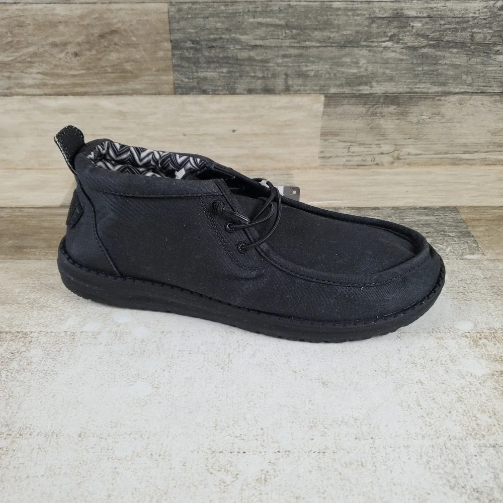 Hey Dude Wally Mid Stretch Canvas Mens Loafers Shoes 9 Black Round Toe Comfort